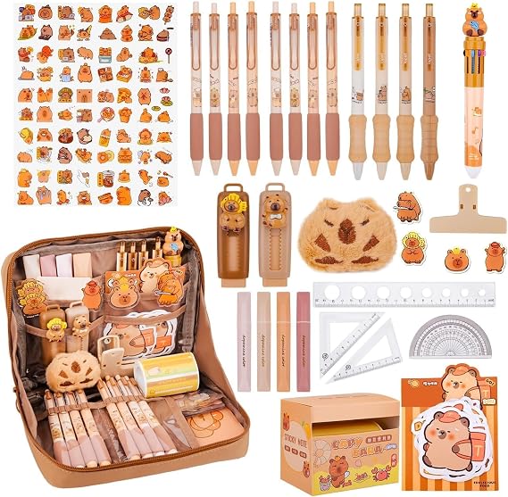 Capybara Stationery Set with Pencil Case Cute Aesthetic Capybara Gift Set with Pens Clips Rulers Stickers & Accessories for Children School & Office (A)