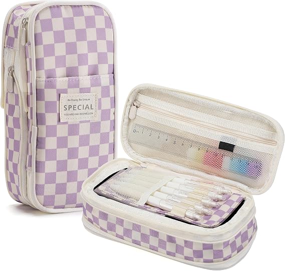 Bigmeta Gingham Expandable Pencil Case for Teens Girls - Purple