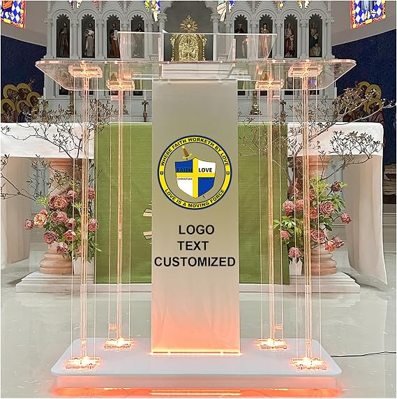 Customized Church Pulpit for Churches Text and Logo, Acrylic Podium with Led Lights, Transparent Podium with Wheels& Spacious Reading Platform, Clear Lectern for Speech