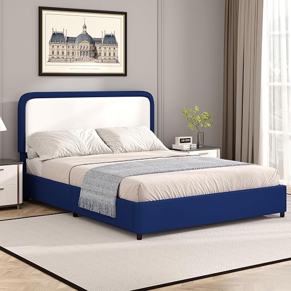 BarnFurin Full Bed Frame, Curved Faux Leather Headboard, White and Blue