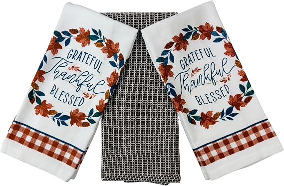 Serafina Home Thanksgiving Fall Kitchen Towels Set 3 Pc.: Grateful Thankful Blessed Print Harvest Leaves with Checkered Border and One (1) Solid Towel, 100% Cotton (Harvest Pumpkin)