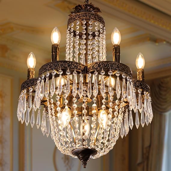 TOCHIC Crystal Chandelier,9 Lights French Empire Crystal Chandelier,Rustic Farmhouse Pendant Chandeliers Lighting,Adjustable Antique Bronze Ceiling Light Fixture for Dining Living Room Bedroom Foyer