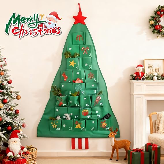 49.2127.17in Christmas Advent Calendar w/ 24 Pockets for Xmas Decor | Creative Tree Shaped, Cotton Linen Fabric, Red Star Top, Daily Countdown Surprises, Reusable Cloth, Foldable Storage