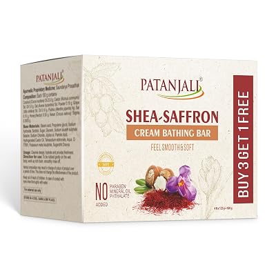 patanjali Shea Butter & Saffron Cream Bath Soap Bar | Moisturizing Body Cleansing Bar | Gentle Skin Nourishment | Suitable for All Skin Types | 125 g Pack of 4