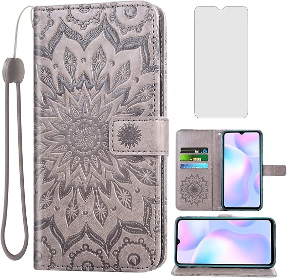 Phone Case for Xiaomi Redmi 9A Redme 9i Wallet Cases with Tempered Glass Screen Protector and Leather Slim Flip Cover Card Holder Stand Cell Xiami Xiomis Xiome Redmi9A A9 Redmi9i i9 Women Men Gray