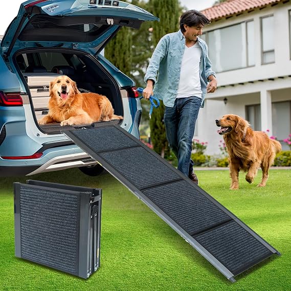 PawStep 51014 Foldable Aluminum Pet Ramp w/Non Slip Rug Traction 63 inch x 17 inch Lightweight Sturdy Compact Portable for Cars SUV Trucks Furniture for Dogs Cats Older Injured Pets 250 lbs Capacity