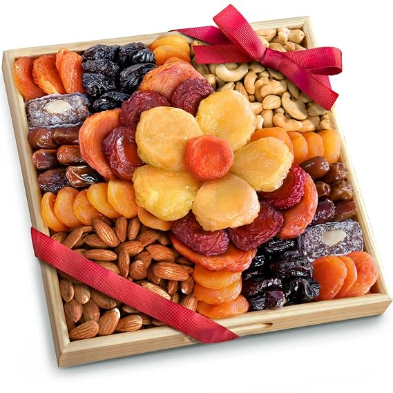 A Gift Inside Dried Fruit and Nuts Gift Basket Gourmet Dried Apricots, Prunes, Pears, Peaches, Dates, Plums, Coconut Dates with Almonds, Roasted Almonds & Cashews Reusable Wooden Gift Tray