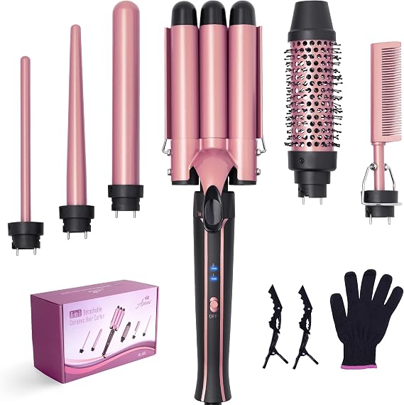 Asani 6-in-1 Curling Iron Wand Set, Hair Curler with 3 Barrel Hair Crimper