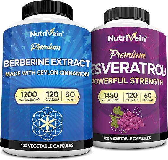 Nutrivein Premium Berberine 1200mg & Resveratrol Bundle - with Ceylon Cinnamon & Antioxidant with Acai Berry - Weight Management & Immune Plus Joint Support - Non-GMO, Vegan/Vegetarian - 120 Caps
