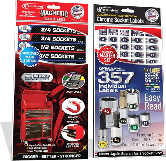 Ultimate Magnetic Toolbox Label Set Socket Combo - 447 Labels for Organizing Box Drawers for Metric - SAE Sockets, Wrenches, Power Tools & More. fits All Brands of 'Steel' Boxes, Craftsman & Snap-on