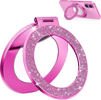 Upgraded Magnetic Phone Ring Stand Built in Mirror for Magsafe, [Electroplated & Glitter], Phone Ring Holder Grip Kickstand for iPhone 17 Pro Max 16 15 14 13 12 Series for Girl Women, Hot Pink