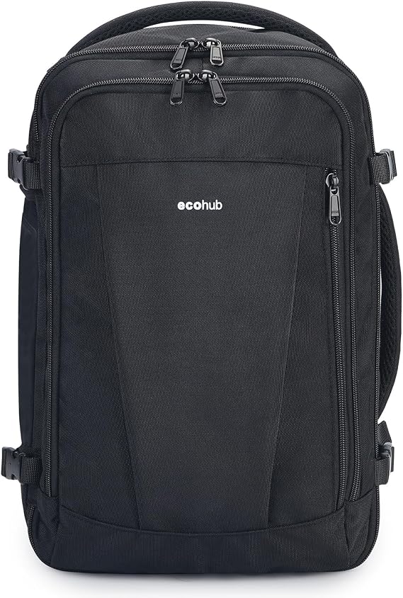 ECOHUB Rucksack 40x20x25 Ryanair Handgepäck 13 Taschen Reiserucksack Flugzeug Carry-ons Wasserdichter Rucksack Damen Klein PET-Recycelte Umweltfreundliche 20LPatentiert(Schwarz)