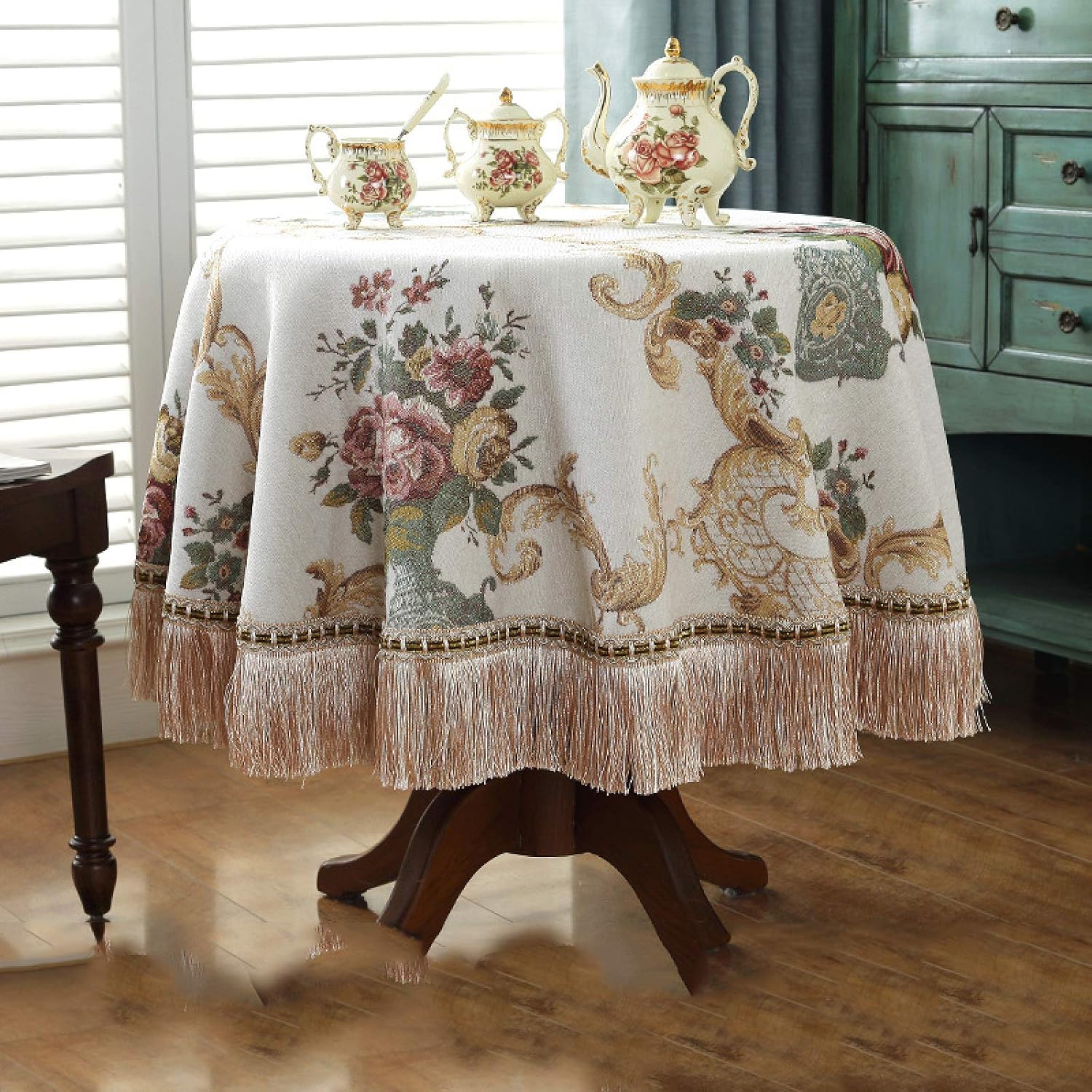 Round Chenille Table Cloth Fringed Lace Tablecloths Washable, Table Cover for Kitchen Dinning Party,vintage Style,khaki-Diameter140cm/55inch