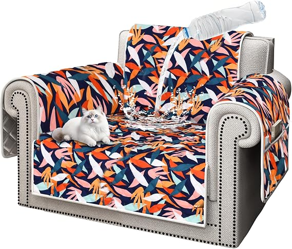 ALIECOM 100% Waterproof Chair Covers Armchair Slipcovers for Living Room Sofa Couch Cover Pet Friendly Washable Printed Non Slip Furniture Protector with Pockets for Dogs (Small, Vivid Navy Blue)