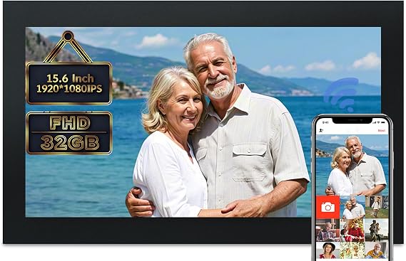 Frameo Digital Picture Frame, 15.6 inch Large Digital Photo Frame WiFi, 1920 * 1080 FHD Touch Screen 32GB StorageAuto-RotateWall MountableEasily Share Photos and Videos, Birthday, Wedding, for Mom