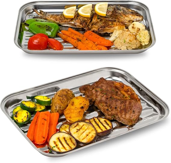 BBQ Grill Pans - Set of 2 - Stainless Steel Grill Griddle w/Holes for Gas or Electric Stove Tops - Outdoor Flat Top Grilling Pan for Vegetables and Meats