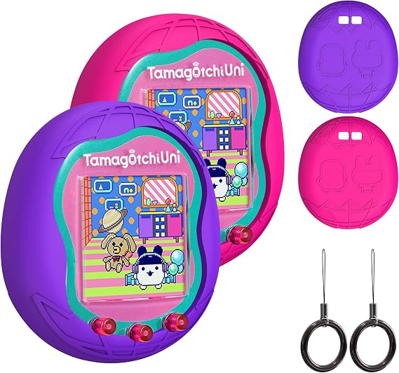Tamagotchi Uni Sanal Evcil Hayvan Makinesi ile Uyumlu Silikon Kılıf, Tamagotchi Uni için Parmak Kordonlu Koruyucu Kılıf (Gül Kırmızısı ve Mor)