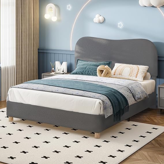 Full Boucle Upholstered Bed Frame with 45.8" Headboard, Light Grey | Modern Platform Bed with Soft Boucle Fabric, Rounded Corners, Solid Wood Legs, No Box Spring Needed, Easy Assembly