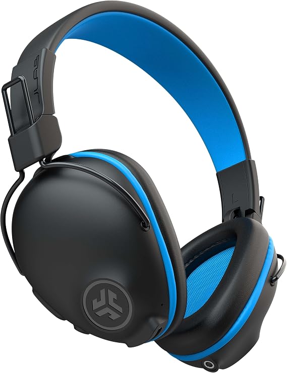 JLab JBuddies Pro Wireless Over-Ear Kids Headphones, 35+ Hour Battery Life, Built-in Volume Regulators for Safety, Share Mode, Folding, Adjustable, Noise Isolation, with Mic, Blue