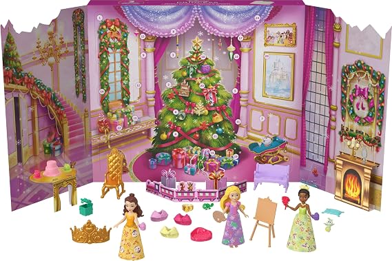 Mattel Disney Princess Advent Calendar w/Rapunzel, Tiana, Belle Dolls | 24 Days of Surprises: 3 Small Dolls in Winter Looks, 3 Character Figures, 6 Fashions & 16 Accessories