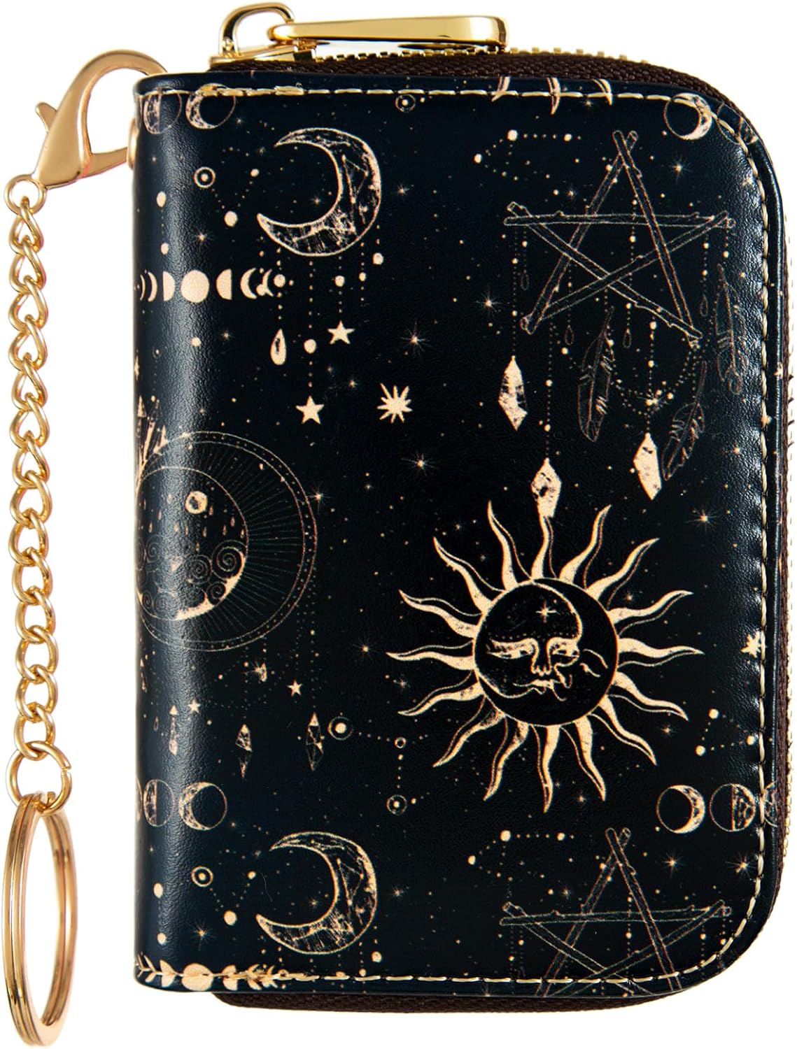 Credit Card Holder for Women, RFID Card Holder Wallet - Slim Leather Zipper Card Case - Ladies Small Keychain Wallets, Moon Phases, S, American, Classic, Minimalist, Modern