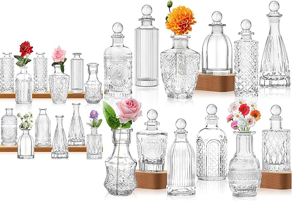 Glass Vase Bud Vases in Bulk Set of 24, with 8 Glass Stoppers,Small Vases for Flowers,Embossed Clear Flower Vase,Vintage Glass Bottle Great for Table Decor,Wedding Centerpiece Table and as a Gifts