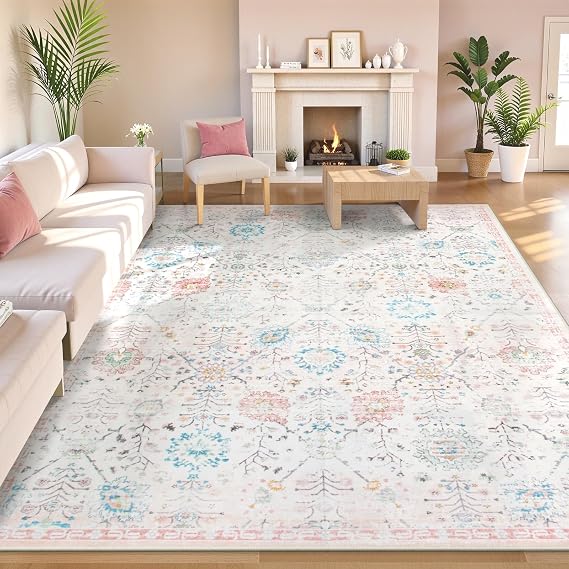 Lahome Flavie Classroom Rug 8x10, Soft Washable Rug for Dorm Room, Non Slip Low Pile Boho Floral Carpet for Bedroom, Playroom, Nursery, Kids Room and Classroom Decor, Beige