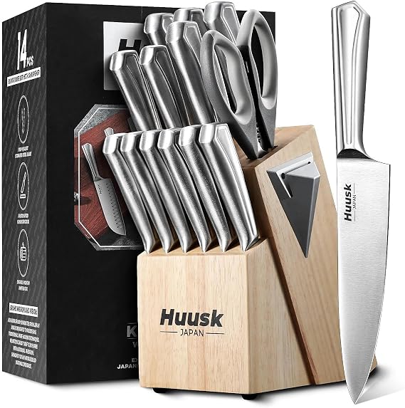 Huusk Kitchen Knife Block Set - 14 Pieces Kitchen Knife Set with Built-in Sharpener, Stainless Steel Knife Set with Ergonomic Handle, Professional Knives Set Christmas Gift for Men and Women