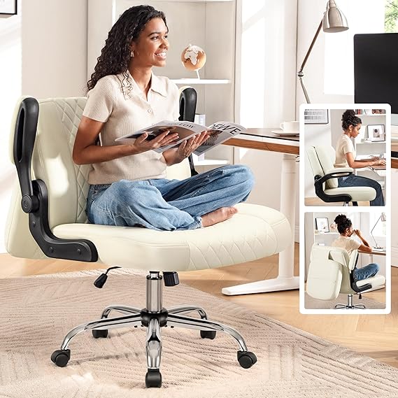 Criss Cross Office Chair with 2-in-1 Flip Backrest Ergonomic PU Leather Floor Sitting Chair, Adjustable Height, 360 Swivel & Flip-Up Arms, Extra-Wide Seat for Home Office, Vanity, Nail Salon-White