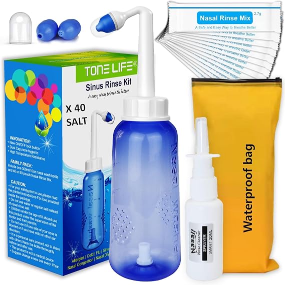 Neti Pot,Sinus Rinse Kit + 40Packets Nasal Salt+ Moisturizing Nasal Sprayer- Neti Pot Sinus Rinse -Sinus Rinse-300ml Nasal Rinse Kit with Sinus Rinse Sachets Travel Bag for Adult Kids