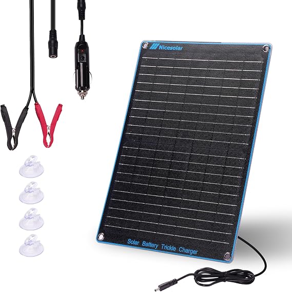 Nicesolar 20W 12V Solar Panel Car Battery Trickle Charger & Maintainer with Cigarette Lighter Plug & Alligator Clip & Battery Cable for Car Automotive Motorcycle Boat Marine Snowmobile Watercraft RV