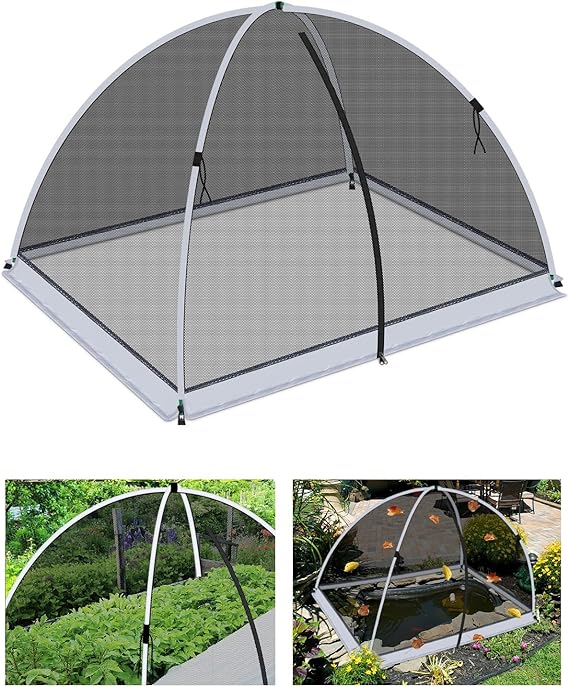 5 * 7ft Pond Cover Dome,Garden Pond Net Pond Mesh Tent with Ropes, Stakes and Fiberglass Poles, Pond and Garden Cover Protective Tent Dome Netting for Pond Pool and Garden