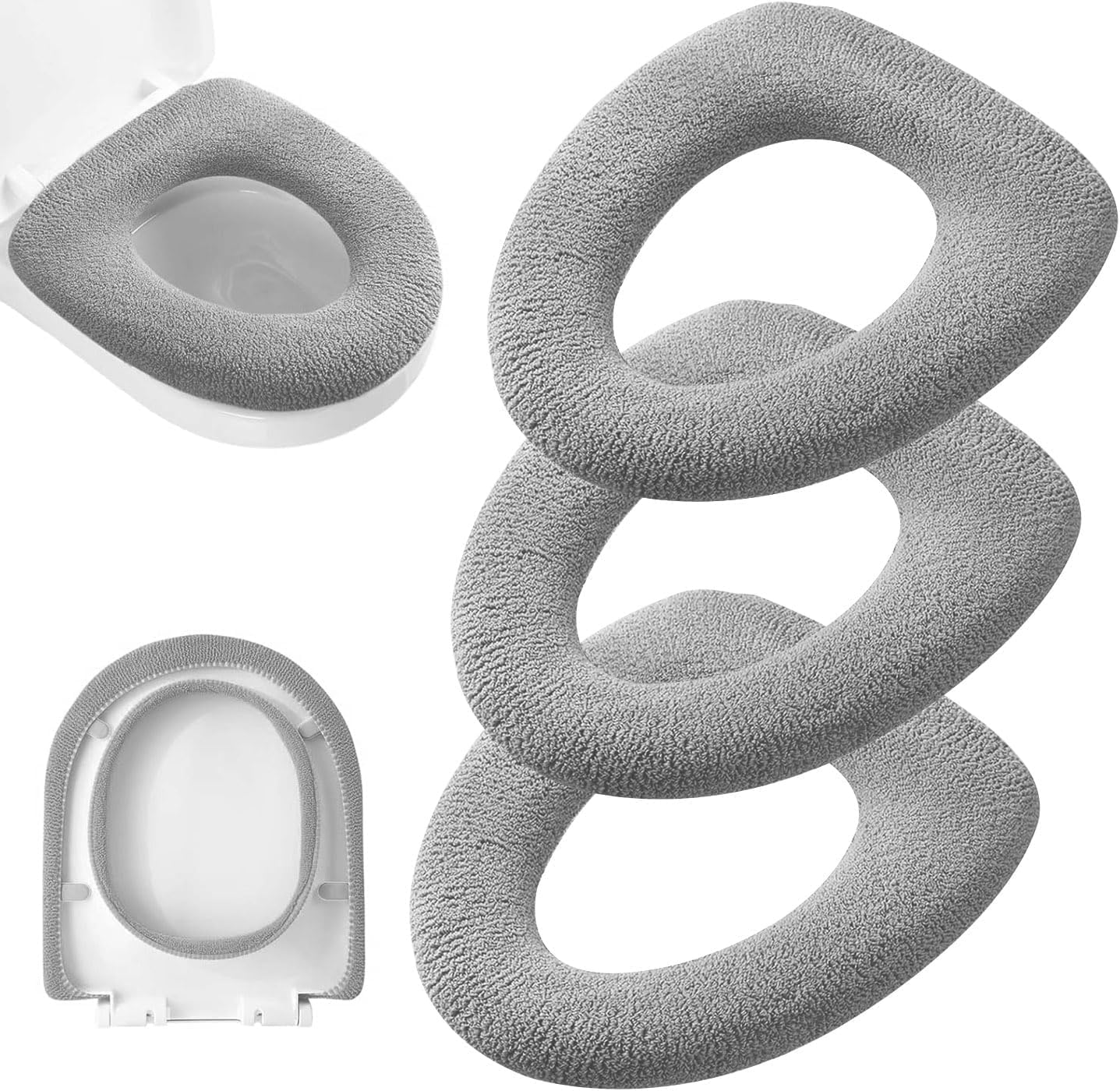 YUANQIAN 3 Pack Thicker Bathroom Toilet Seat Cover Pads - Soft Warmer Toilet Seat Cushion Cover, Easy Installation Comfortable Toilet Lid Seat Cover Grey,Grey,Grey