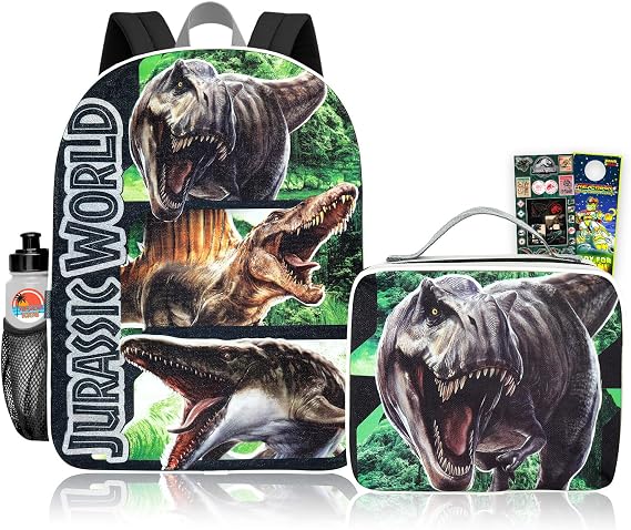 Jurassic World Backpack with Lunchbox Set for Boys School Bundle + More | 16in Large Durable Dinosaur Bookbag w/ Insulated Lunch Box Plus Water Bottle, Stickers, More - Jurassic World School Supplies