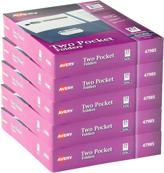 Avery Two Pocket Folders, Holds up to 40 Sheets, Business Card Slot, Ideal for Portfolios, Presentations and School, Dark Blue, 25 per Box, 125 Total (5 Packs of 47985)