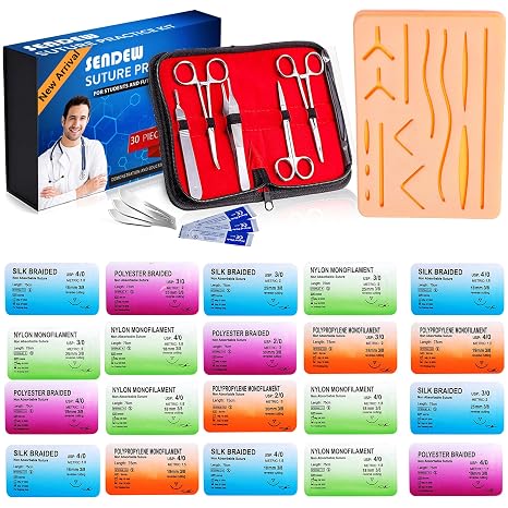 Suture Kit (30 Pcs) for Training Suture Pad Practice Kit for Dental Vet Training Students, Including Large Silicone Pad,Tool Kit with Needles-Demonstration Purpose Only