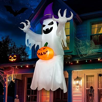 AerWo 8 FT Halloween Inflatables, Sitting Ghost Inflatable Halloween Decorations with Pumpkin, Halloween Blow Up Yard Decorations with LED Lights, Halloween Inflatable Outdoor Decoration for Roof Tree