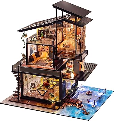 Kisoy Miniature DIY Dollhouse Kit with Furniture Accessories Creative Gift for Lovers and Friends Valencia Coast with Dust Proof Cover and Music Movement