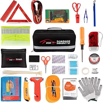 STDY Car Roadside Emergency Kit, Vehicle Truck Safety Road Side Assistance Kits Auto Accessory, with Jumper Cables, Tow Rope, Reflective Triangle, Tire Pressure Gauge, etc