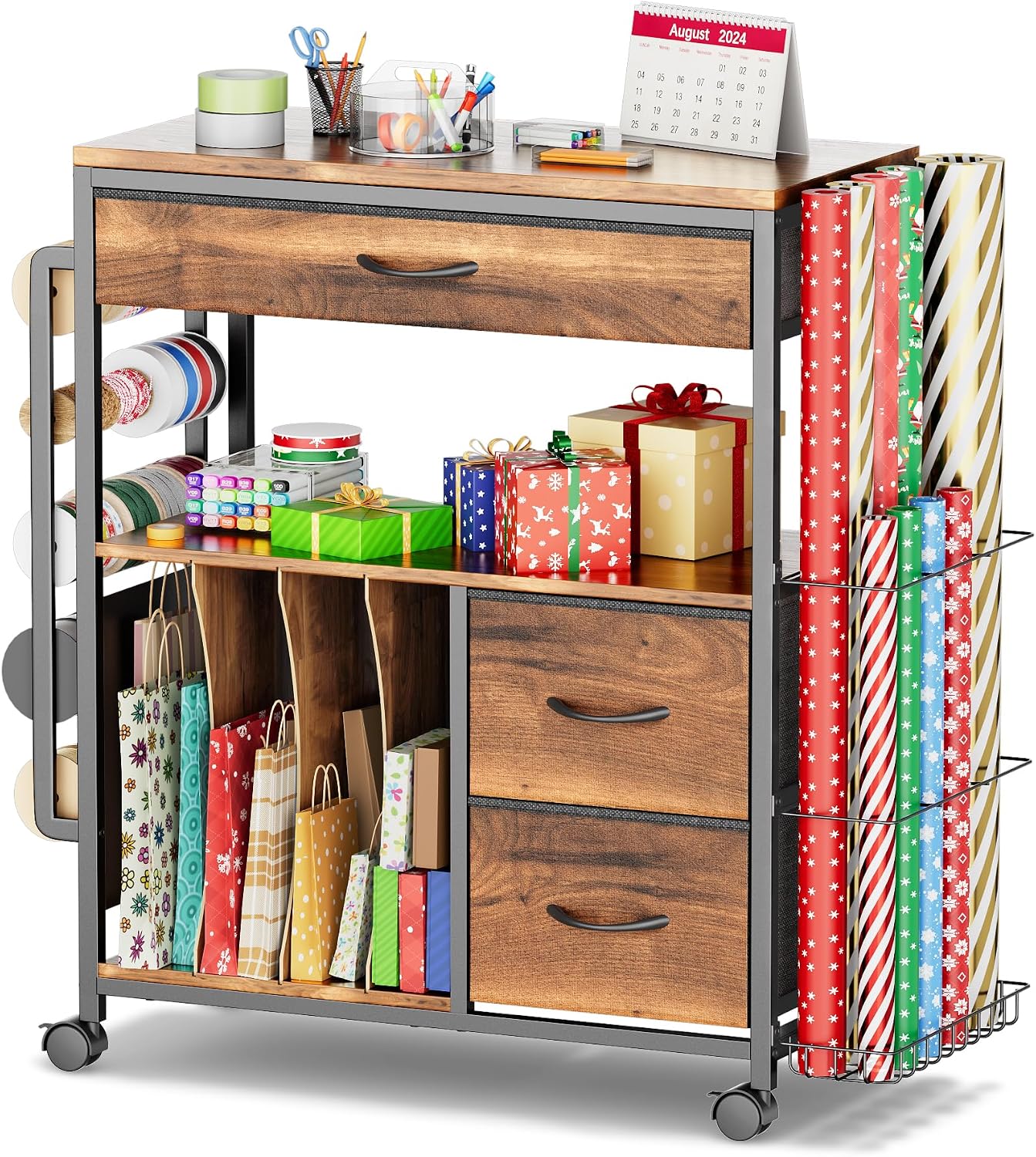 PUNLUXU Wrapping Paper Storage Cart, Rolling Gift Wrap Station with Ribbon and Gift Bag Storage, Wrapping Paper Organizer Holder, Craft Organizers and Storage for Christmas, Craft Storage Cart 004