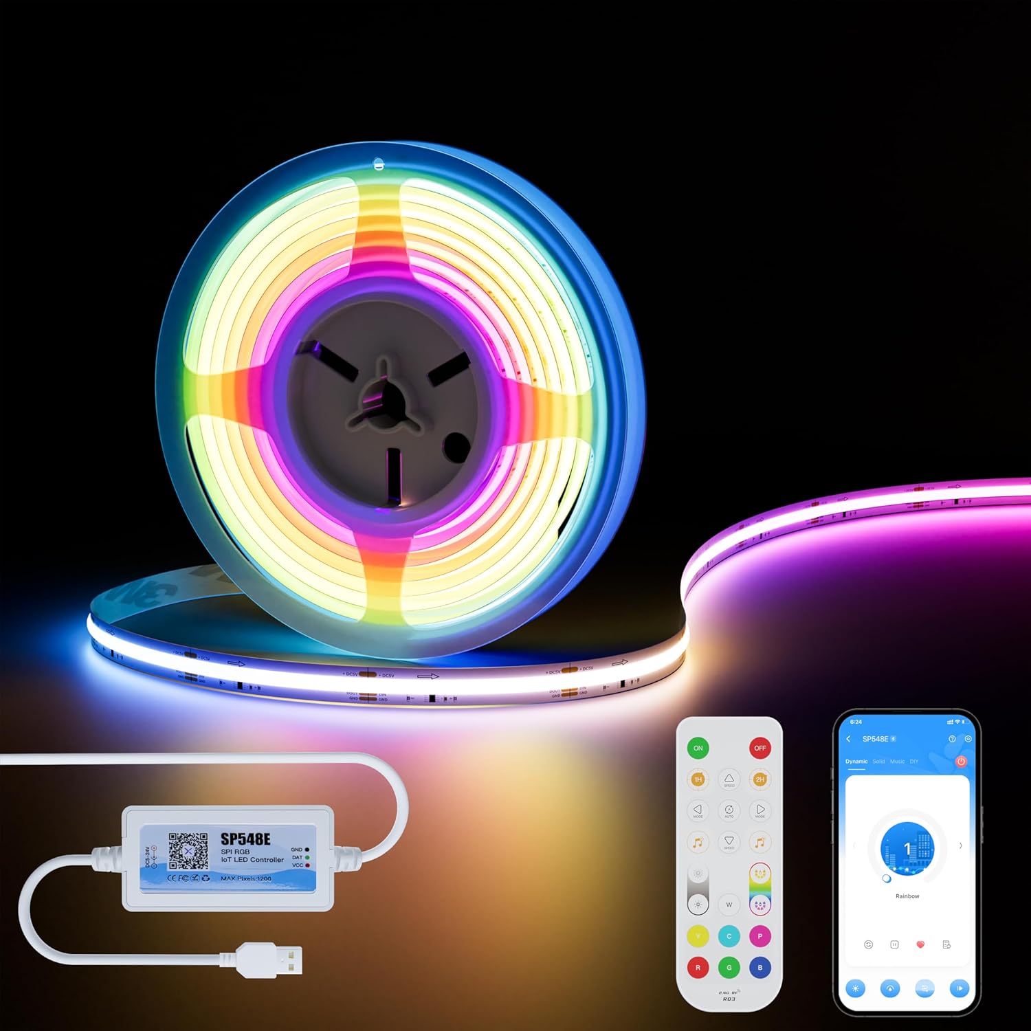 MIWISE RGB スマート IC COB LED ストリップライト USB LED ストリップライト アドレス指定可能 音楽同期で色が変わる 複数の色のアプリコントロール AlexaとGoogleに対応 テレビ/寝室/キャビネット用 10フィート
