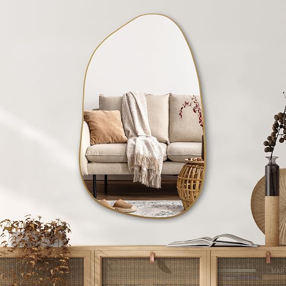 PERFNIQUE Irregular Asymmetrical Wall Mirror, 85cm x 52cm Modern Gold Mirror, Boho Vintage Wall Decor for Bathroom Bedroom Living Room Entryway Fireplace, Wall Mounted (Gold, 85cm x 52cm)