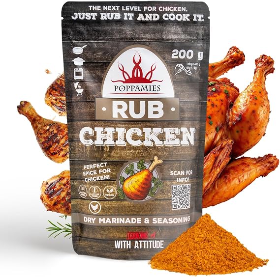 Poppamies Chicken BBQ Rub - 100% Natural BBQ Seasoning - Dry Marinade & Spices. Especially Suitable for Chicken - Great in The Grill Oven Boiler and Pan - Large Pack (200g)