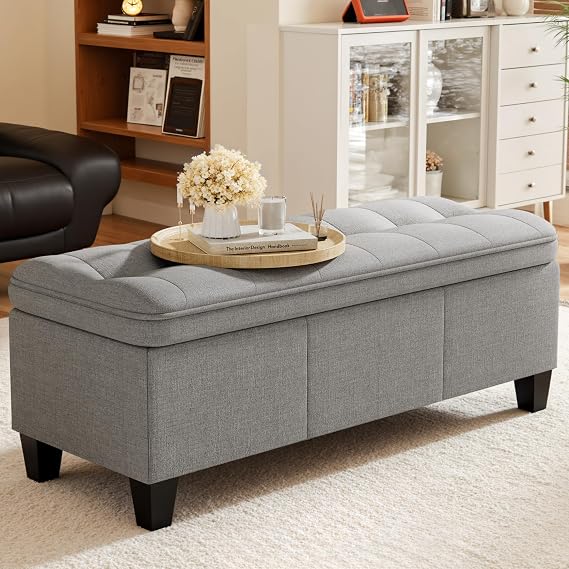 YESHOMY 47 Inches Ottoman with Storage, Light Grey Linen | Storage Bench with Legs, Ottomans for Living Room, Entryway, Adjustable & Movable, Easy Assembly