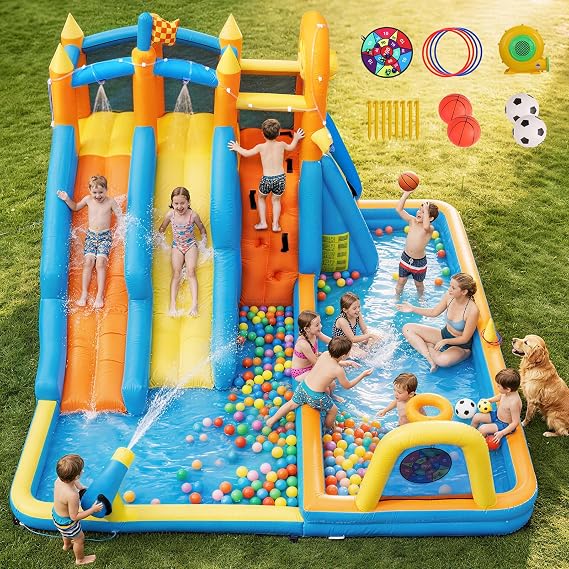 AONESY Inflatable Water Slide 10 in 1 Blow Up Bounce House Double Water Slide Kids Backyard Indoor Outdoor Water Slide Bouncy House Pool Park with Blower Water Tank Climbing Wall Soccer Goal