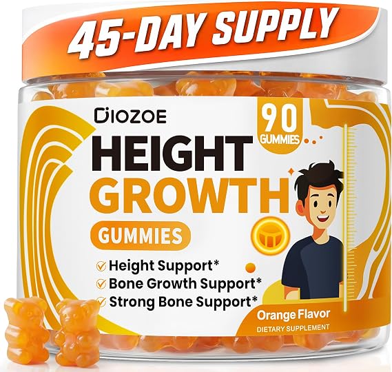 Height Growth Gummies (90 Count), Calcium 300mg, Magnesium Glycinate 50mg, Zinc, Ashwagandha, Vitamin D3 K2, Height Support Multivitamin, Bone Strength and Growth Supplement for Teens, Adults