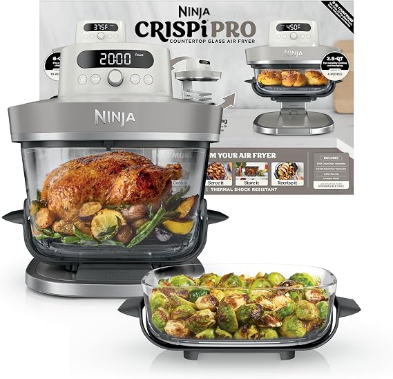 Ninja Crispi Pro Glass Air Fryer, 6-in-1, Bone, AS101LG | Max crisp, air fry, bake, roast, recrisp, dehydrate, 1800W, 450F max, 6Qt, 2.5Qt containers