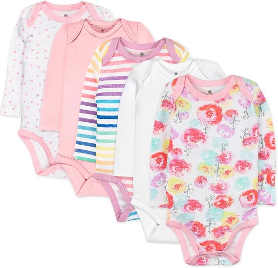 HonestBaby baby-girls 5-pack Long Sleeve Bodysuits One Piece 100% Organic Cotton for Infant Baby Girls