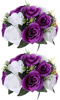 2 Pack Pureple Roses Flowers Artificial, Realistic Silk Rose Wedding Flowers Ball Arrangement Bouquet Wedding Centerpieces for Tables Party Decoration,15 Flower Heads Pureple Roses