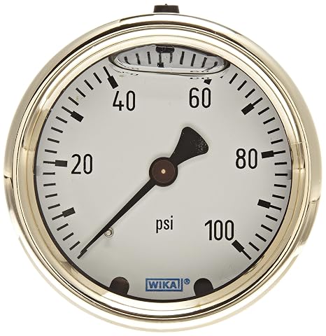 WIKA 9318178 Industrial Pressure Gauge, Liquid-Filled, Copper Alloy Wetted Parts, 2-1/2" Dial, 0-100 psi Range, +/- 2/1/2% Accuracy, 1/4" Male NPT Connection, Center Back Mount